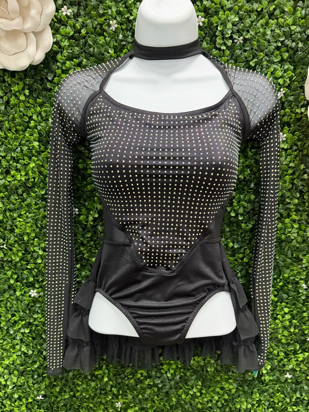Weissman Black Mesh Long-Sleeve Dance Leotard with Silver Studs